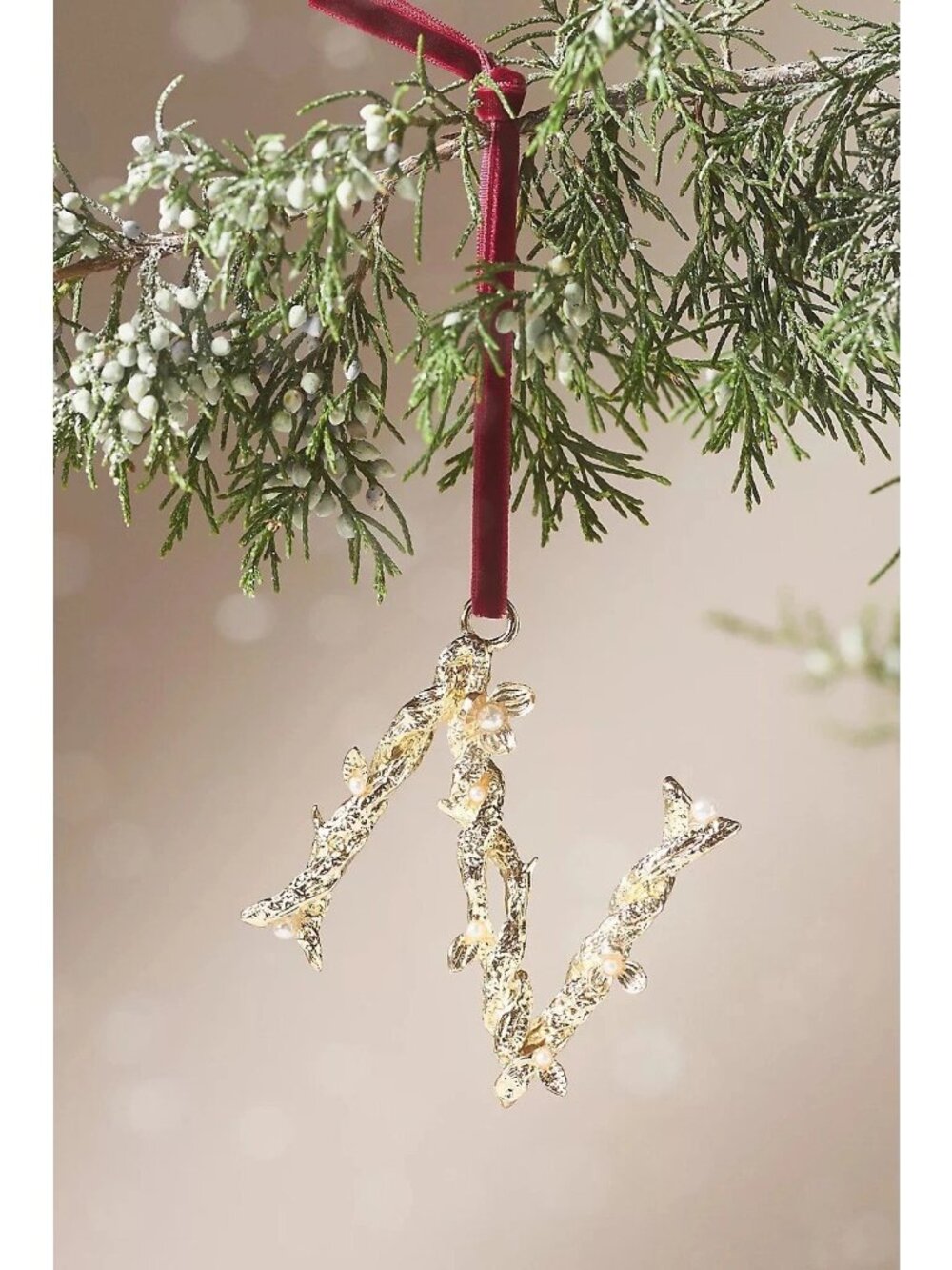 Anthropologie Aurelia Gold Pearl Monogram Letter “N” Initial Ornament NWT